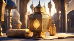 Ramadan lantern, Qur’an (Holy Quran) decorated with golden patterns in front of the lantern, golden Ramadan cannon next to the lantern, mosque in the background, cinematography, wonderful details, daylight, in this clearly immersive image, adds a magical touch to the scene., enhances the depth of the composition . The image, whether a painting or a photograph, is presented with unparalleled precision and impeccable attention to detail, highlighting its exceptional quality.