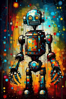 party discoball tall robot stained old oilpainting background