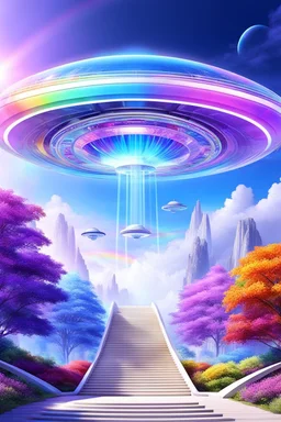 Ufo rainbow, futuriste ultra moderne,stairway to heaven,crystal very beautiful city,nature forest flowers colors