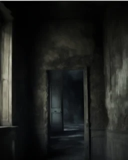 An ancient, weathered door stands in an abandoned house, shrouded in deep, engulfing darkness. The walls are rough and covered in moss and dust, with wooden beams crumbling and floors uneven. The faint light coming from a small particle of the philosopher's stone, placed mysteriously near the door, emits a warm, surreal glow, contrasting with the surrounding darkness. The stone’s light weakly illuminates the nearby area, casting long, eerie shadows. The atmosphere is thick with mystery and tensi