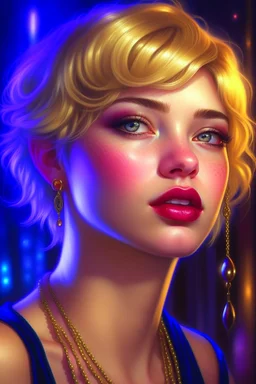 pierced lips and nose, a beautiful woman with short blonde hair, nice blue eyes, deep purple lips, nice nose wearing lip-ring, nose-pin and designer bikini. 8k resolution, art by Greg Rutkowski, Artgerm, WLOP, Alphonse Mucha dynamic lighting, intricately detailed, trending on Artstation