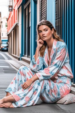 a supermodel in designer sleepwear sitting on street for magazine cover photoshoot