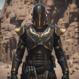 star wars bald male corellian pilot wearing pearlescent black and gunmetal grey First Order special forces heavy assault armor and helmet with gold trim inside the jedi temple, centered portrait, hyperdetailed, dynamic lighting, hyperdetailed background, 8k resolution, volumetric lighting, light skin, fully symmetric details