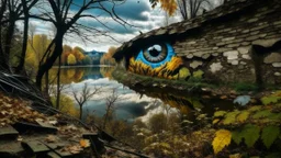 graffiti of an eye painted on a ruined wall, in the middle of an autumn landscape with a river in the foreground on which it is reflected