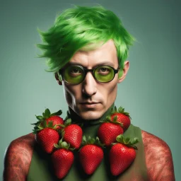 the infamous mutant strawberry-man with green pixie-cut hair, extreme reality,