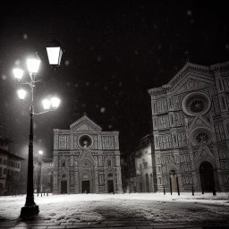 A very dark square in Florence in a stormy night. Snow is covering the pavement. A cathedral in the background. A lonely cat sitting under a streetlight. Unreal Engine. HDR. 8K.