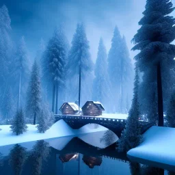 Forest ice winter, bridge birds,live house, bear, deer, unreal engine