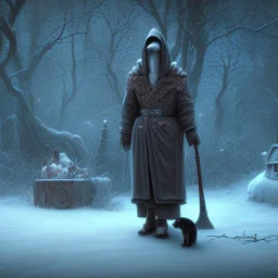 robed Grim Reaper behind sad, abandoned, dog chained to a tree, house in distance, winter, loneliness, 8k resolution, high-quality, fine-detail, iridescent, intricate, digital art, detailed matte, volumetric lighting, illustration, 3D octane render, brian froud, howard lyon, selina french, anna dittmann, annie stokes, lisa parker, greg rutowski