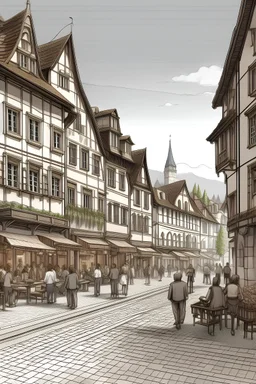 Transform a detailed sketch into a photorealistic image, capturing an urban street scene in Switzerland. The sketch outlines a lively street setting during the late afternoon. Ensure the final image precisely follows the sketch's outlines: quaint cobblestone streets, a mix of Swiss architectural styles with both modern and traditional buildings, people walking and interacting, and street-side cafés bustling with patrons. In the sketch, there are trams moving along the street, reflecting the effi