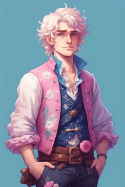 kind young sailor, man, white slightly curly hair, pirate shirt, pink and azure clothes, white floral pattern on jacket, flower in hair, stardew valley style