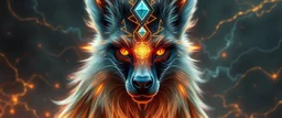 gematria close up portrait of a plasma racoon fox horse king lama shape shifter flickers like hypnotic fire in geometric shapes like a dna swirl of time and a fearsome planeswalker covered in powerful runes