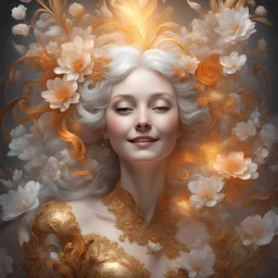 A dream, intricate flashes of energy, reflections of fire, bright, floral, polished in the style of Daniel Merriam, Brian Froude, Catherine Able. smile, gold, bronze and platinum, polished by James Audubon. elegant, intricate, 8k, beautiful, dynamic lighting, clear quality, very cute, cinematic post-processing, Michelangelo