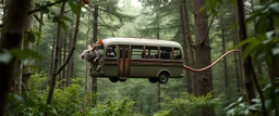 buss shaped like a rat flying through a forest, rat monkeys in the trees