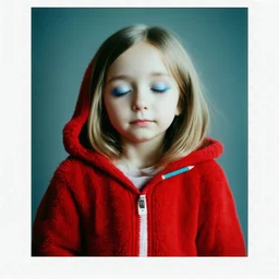 Lily rosedepp enfant,avec un long pull a capuche en angora rouge jusquaux, polaroid, elle a les yeux fermés et les joues bleues, , des grains de beauté, crayon de papier