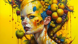 Punk woman 49 years old, hair made of Fruits, Grapes, tangerines, gold, gouache, watercolor, acrylic, paint drips, branches, fine drawing, golden makeup, bees, tattoo, alien, bright colors, fine drawing, double exposure, high detail , high resolution, 8K, 3D, bees,