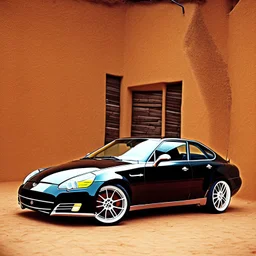A Tesla's 'Model S Plaid' is parked, within 'Jemaa el-Fnaa', in Marrakesh. CINEMATIC. WIDE ANGLE LENS.