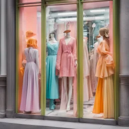 A shop window with women's fashion all bright and delicate colors