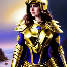 ultra detailed fullbody Portrait in oil on canvas of a beautiful busty woman with Saint Seya Gold piscis armor with helmet,extremely detailed digital painting, extremely detailed face,crystal clear Big eyes, mystical colors ,perfectly centered image, perfect composition,rim light, beautiful lighting,8k, stunning scene,extremely sharp detail,finely tuned detail, ultra high definition raytracing, in the style of robert e howard and pablo oliveira and Ken Kelley and Ohrai Noriyoshi and Simon Bisle