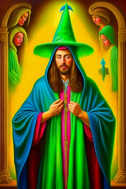 Jesus puts on his robe and Wizard Hat, pop surrealism