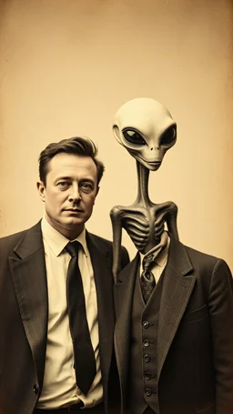 An old picture style of white and brown and very bad quality old camera with cracks of Elon Musk standing with an Alien who is wearing a suit with a tie the year 1900