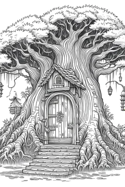 outline art, a cozy abode nestled within the hollow of a massive ancient tree. The entrance is a wooden door with intricate carvings, and the interior is furnished with natural elements like leafy curtains and bark furniture, only black outline, clear line art, white background, no shadows, no tones color, no detailed artwork, clear and well outlined.