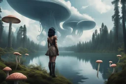 A skinny woman with a Cleopatra hairstyle, short skirt, and knee-high boots, looking out over a lake, in an alien forest, with tall cloud trees, flying mushrooms with octopus tentacles