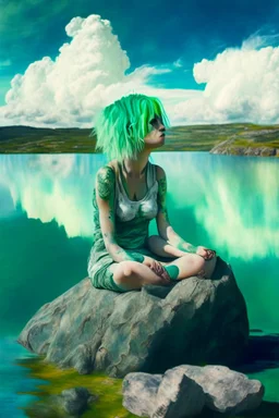 woman sitting on a rock, in a lake, green mottled skin, green hair, blue sky, white clouds