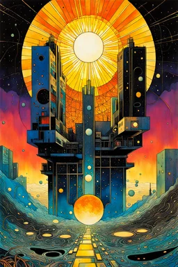 Create a chaotic abstract cubist Tarot Card depicting a post apocalyptic, The Sun , with highly detailed features, in the style of Bill Sienkiewicz, Philippe Druillet, Gustav Klimt, and Jean Giraud Moebius, precisely drawn, colored and inked