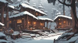 comic style, holistic, Wooden city in the jungle, under the snow, 4k, very detailed