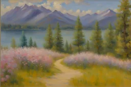 Mountains, lake, flowers, pathway, pine trees, clouds, otto pippel impressionism painting