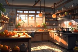 Depict a neat kitchen with a bright window and cute decorations. Introduce eerie elements like flickering lights casting unsettling silhouettes, fruits that morph from fresh to rotten in seconds, or kitchen utensils arranged in odd, almost ritualistic patterns. anime visual novel style