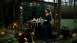 In the minimalist garden lit by hanging garlands, a woman in a dark dress held a cup of tea, the German Shepherd standing by her side, keeping watch.