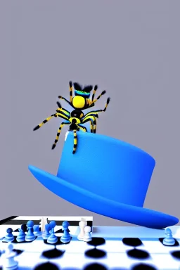 large hairy blue spider wearing a top hat and playing chess, photorealistic, blender render, wide angle lens, 4k, jungle,