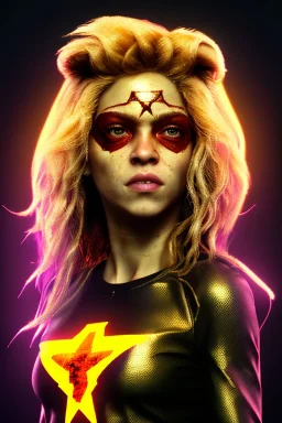 portrait, Shakira, blonde, angry, Realistic image, superhero, watchmen style, make-up, gold make-up, sweat, fog, goddess style, Neon colors, leds. Black background, photo studio, concept art, smooth, unreal engine 5, god lights, ray tracing, RTX, lumen lighting, ultra detail, volumetric lighting, 3d, finely drawn, high definition, 4k.