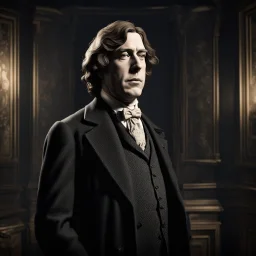 Hyper Realistic Oscar Wilde standing in a dark room