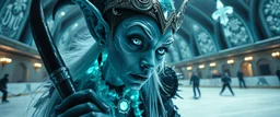close up portrait of shiny ice queen dark elf with magical aura hockey staff, pin hole cam, master oil painting by Rembrandt, d&d glam rock and glitter vampire gremlin illithid and lich playing hockey in ice skating hall or church, in the style of giger and escher, sci fi with floating little saucers