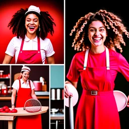 Photo grid of a young woman with curly hair. Top-left captures her painting in an apron. Top-right shows her dancing in a red dress. Bottom-left illustrates her cooking in a chef's hat. Bottom-right presents her cycling in sportswear.