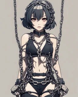 Anime girl crushed with chain body holding long chains dieselpunk, fullbody, style Papercut.