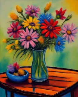 a painting of flowers in a vase on a table, oil pastels, realistic flowers oil painting, vase of flowers, impressionist oil painting, oil pastel, inspired by Ted DeGrazia, pastel style painting, floral splash painting, bright colors oil on canvas, inspired by Ettore "Ted" DeGrazia, vibrant oil painting, still life with flowers, colourful flowers bouquet