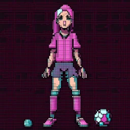 A pixel art cyberpunk version of the best football predictor master pundit soccer champ master female cool beautiful pink