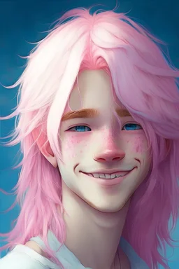 A boy with pink hair, blue eyes, and white skin with a slight blush on the cheek With long hair with a smile