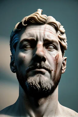 Ultra Realistic image, classical renaissance sculpture, white marble material, Lionel Messi, emperor style, gold Laurel leaves crown, chisel style, emperor, waist up portrait, epic, celestial, cinematic lighting, God light, god rays, 4k resolution, smooth details, ornate details, soft lighting, unreal engine 5, sky background.