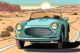 comic style, a cabriolet car driving down a desert road : 1.5 | sunny : 1