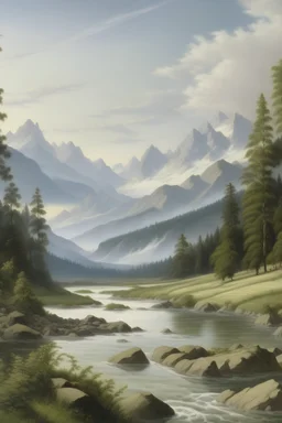На картине изображён пейзаж с горами, рекой и деревьями. Горы на заднем плане создают фон, а река разделяет пейзаж на две части. Деревья обрамляют реку и создают тень, делая картину более интересной и живойю.