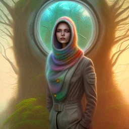 spray painting fantasy art, portrait camela harris looking crazy old in mummy sweater, standing in portal to wet forest world from city world,poetry book illustration