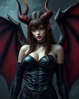 A female demon, pale skin, long brown hair, red eyes, long flaming horns, black leather sexy outfit, black and red bat-like wings, arrogant, vicious, an air of malevolent power surrounds her, smoky background, intricate details, hyperrealistic