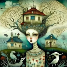 Intricately textured Amanda Clark, Catrin Welz-Stein, Zdzisław Beksiński and Dee Nickerson style mix, iridescent pastel colours; "Whimsical, bizarre, twisted, bending house on a flowering meadow, branches growing from roof, fences, many sheep," watercolor painting, meticulous detail with fine pen strokes, intricate patterns, fantasy landscape elements, fractals, dreamlike atmosphere, imaginative composition, artistic interpretation by SK, intricate linework, organic textures, sunny lighting.