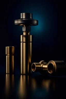 create a high quality poster from a brass Coupling wall tee fitting for product reveal with professional photography techniques , dark semi ocean blue background, a dreamy blurred with bokeh background ,with excellent warm lighting, on a luxury scenes in a studio ,bulbs of clear water , on a pice of vevlet