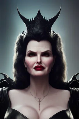 Geena Davis as evil queen in black leather, leather, busty, cleavage, angry, rage, stern look. character design by cory loftis, fenghua zhong, ryohei hase, ismail inceoglu and ruan jia. unreal engine 5, artistic lighting, highly detailed, photorealistic, fantasy