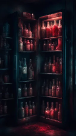 Si-Fi, The permanent under atmospheric lighting effects, a whole shelves of an open door home refrigerator filled with blood bottles , intricate historical moody atmosphere, eerie grimdark ambiance, complex motherboard accents, speculative fiction art. Bokeh